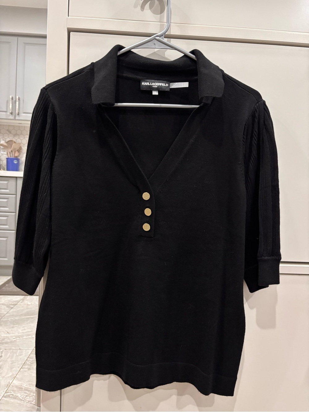 Karl Lagerfeld Black Polo-Style Knit Top with Gold Buttons